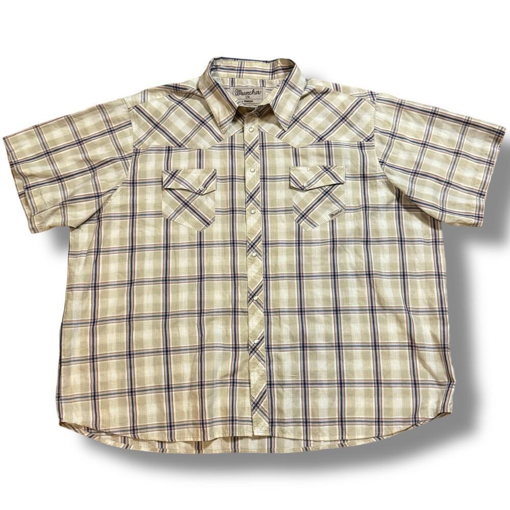 Vintage Wrangler Western Shirt Mens Tan Blue Red Plaid Pearl Snap Button Sz 3XL